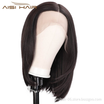 Aisi Hair Medium Long Natural Black Wig Silky Straight Front Lace Wig Synthetic Natural Wave Lace Frontal Hair Wigs For Women